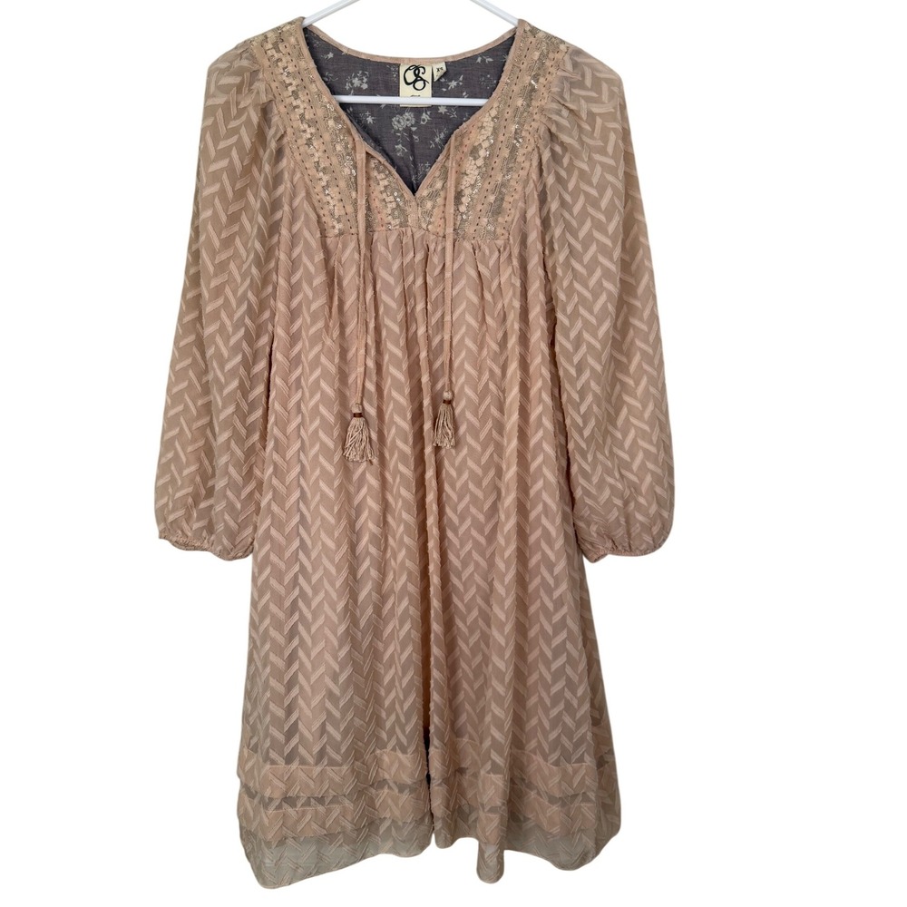 One September Anthropologie Peach Chevron Textured Boho Tassel Dress XS